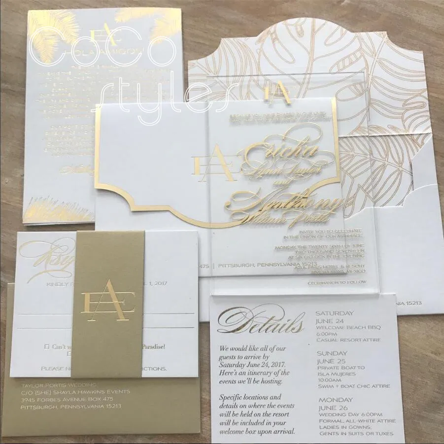  Cocostyles custom modern acrylic invitation card set with gold foiling printing design for fashion  - 32891554361