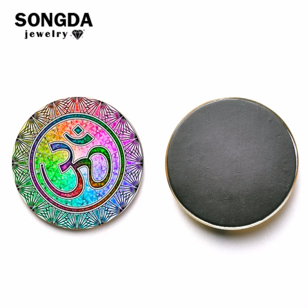 

SIAN 7 Chakra Reiki Healing OM Symbol Sticker Fridge Magnet Buddhist Meditation Mandala Printing Round Glass Dome Magnetic Beads