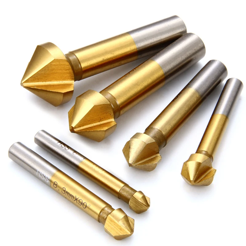 DWZ 6pcs  6.3mm-20.5mm Gold 90 Degree Wood Steel HSS Countersink Drill Bits Set