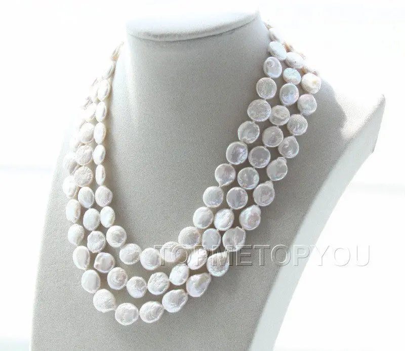 

Free Shipping >> new hot New! 3rows 12mm Natural round white coin pearls adjustable necklace E2203