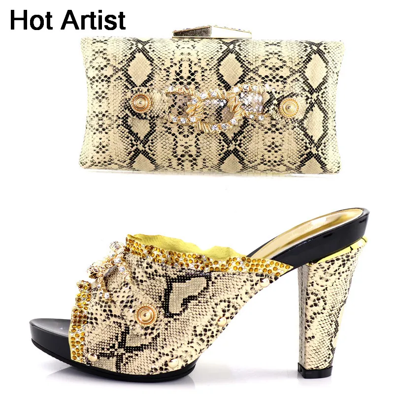 

Hot Artist Gold Color PU Leather Metal Decoration Shoes And Bag Set Italian Desgin High Heels Shoes And Bag Set For Woman YK-568