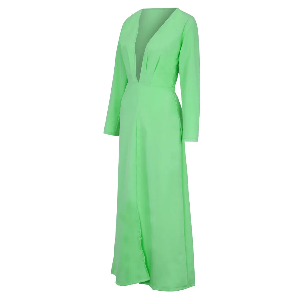 

2019 Women Long Sleeve Summer Dress Ladies Deep V Neck Split Loose Dress Womens Casual Green Long Maxi Dresses vestiti donna