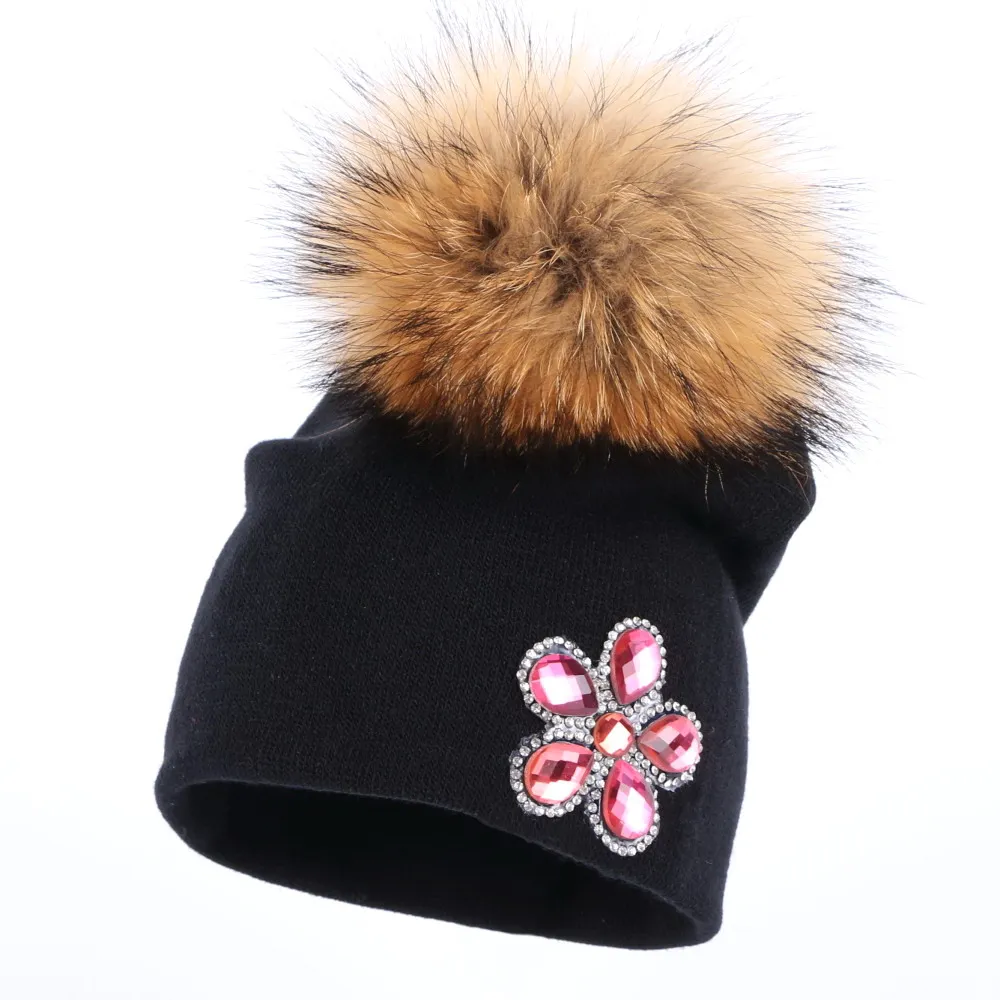 Ragazzo ragazza bambino nuovo disegno di inverno cappelli fucsia cristallo floreale cotone skullies bambini berretti carino grande visone cappello pompon