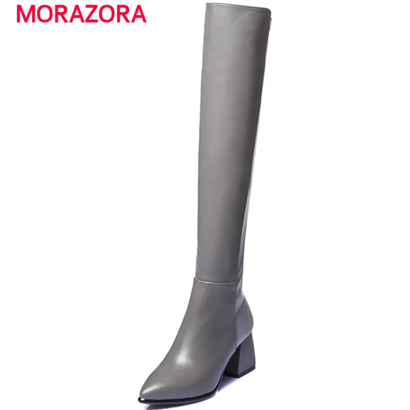 

MORAZORA 2018 new fashion over the knee boots autumn winter pu+genuine leather boots pointed toe high heel zipper women boots