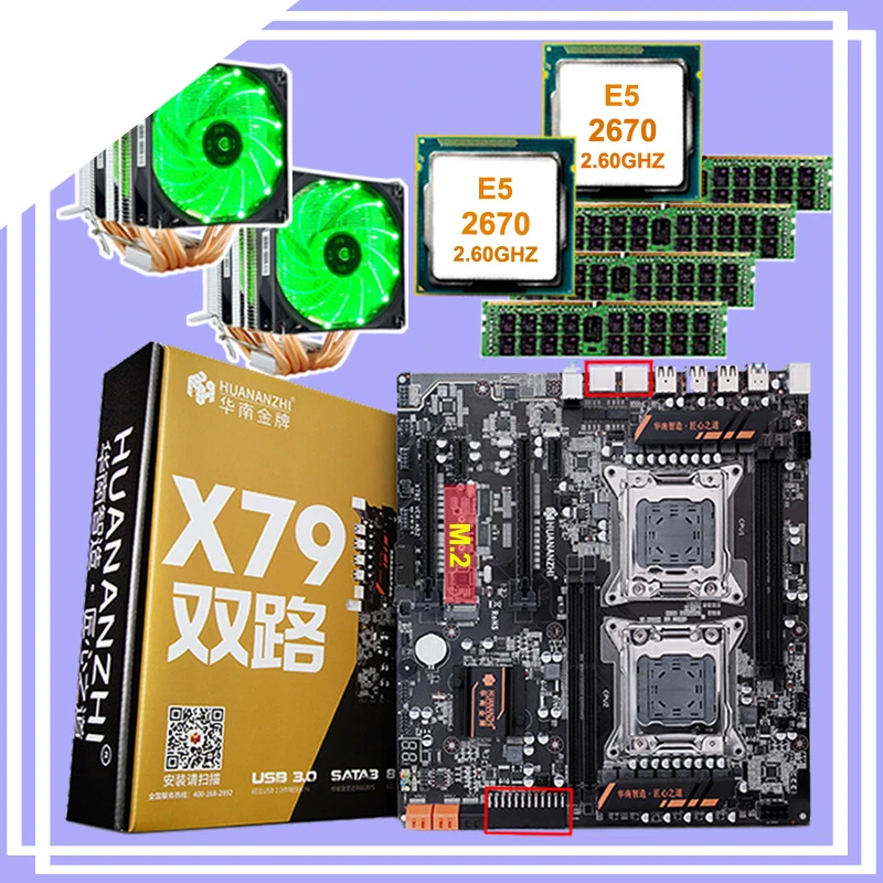 Huananzhi X79 Dual Processor Motherboard Combo M.2 Ssd Slot 2 Xeon 2670 6 Tubes Cpu Coolers 4*16g 64g Ram Recc Computer - - AliExpress