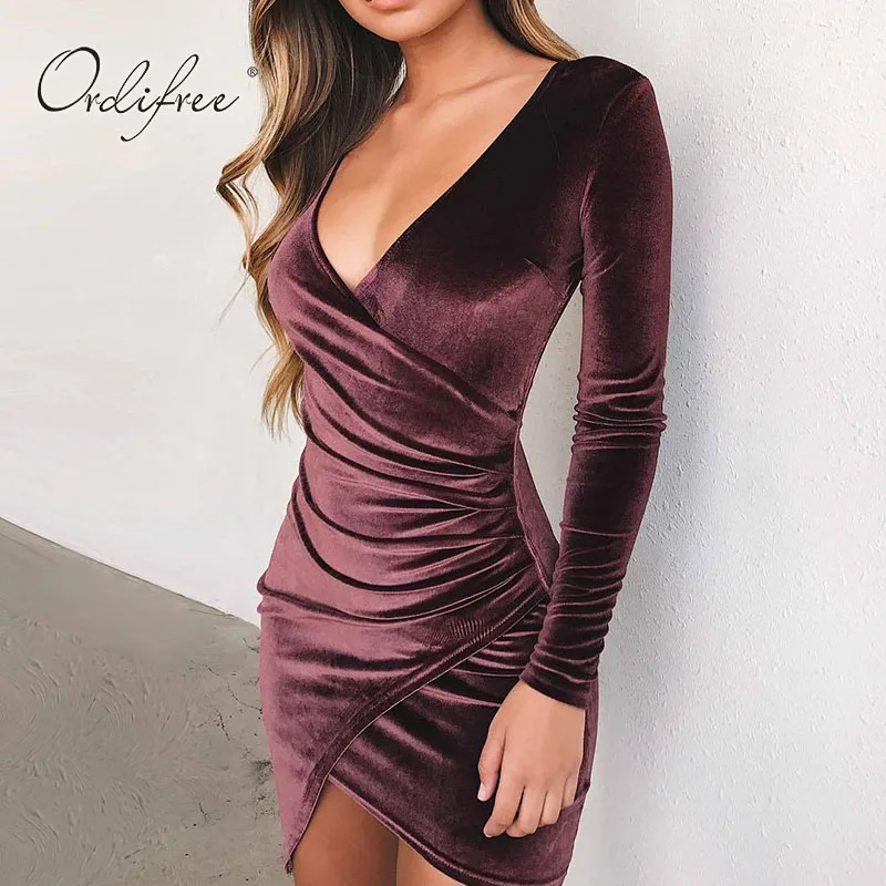 

Ordifree 2019 Women Velvet Dress Elegant Ladies Short Mini Dress Long Sleeve V Neck Sexy Bodycon Dress