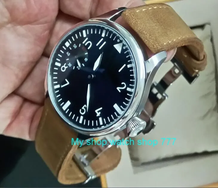 

44mm PARNIS black dial Asian ST3600/6497 Mechanical Hand Wind movement green Luminous butterfly buckle men's watches sd337A