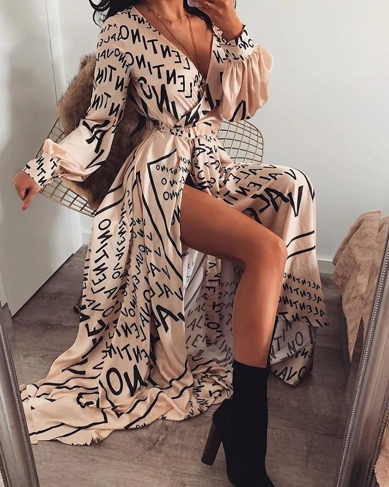 

DEAT 2019 Summer Beige Floral Print Long Sleeve V Neck High Waist Bandage Slim Maxi Dress Vestidos Women ME950