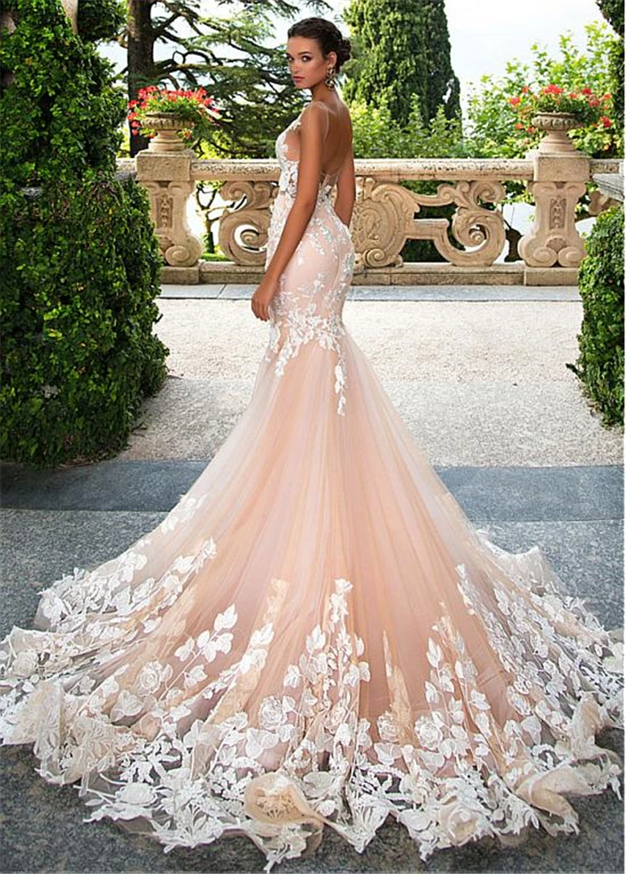 Glamorous-Tulle-Jewel-Neckline-See-through-Bodice-Mermaid-Wedding-Dresses-With-3D-Lace-Appliques-Pink-Bridal (1)