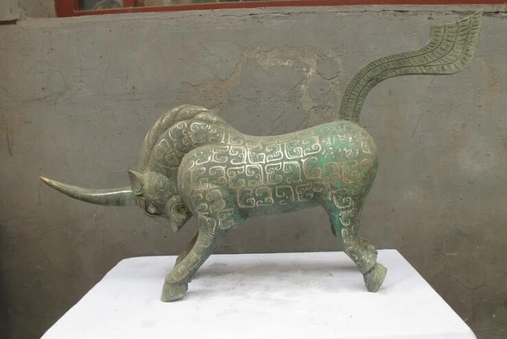 

free Chinese Folk Classical Bronze Silver-Gilt Unicorn horn ox God statue fast
