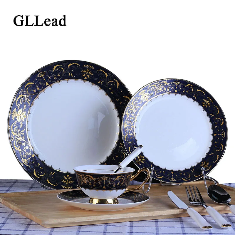 Gllead Chinese Porcelain Dinnerware Ceramic Dinner Plates European Gllead Chinese Porcelain Dinnerware Ceramic Dinner Plates European Dishes Black And Gold Fork Spoon Set