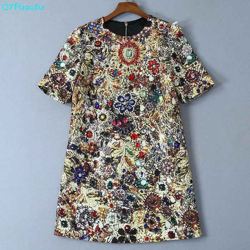 

QYFCIOUFU Designer Runway Luxury Dresses Summer Women O Neck Vintage Character Print Diamonds Sequins Elegant Short Dresses