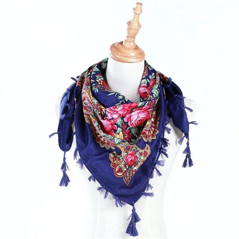 Ethnic Style Square Scarf Women Cotton Blend Plain Weave Print Pashmina