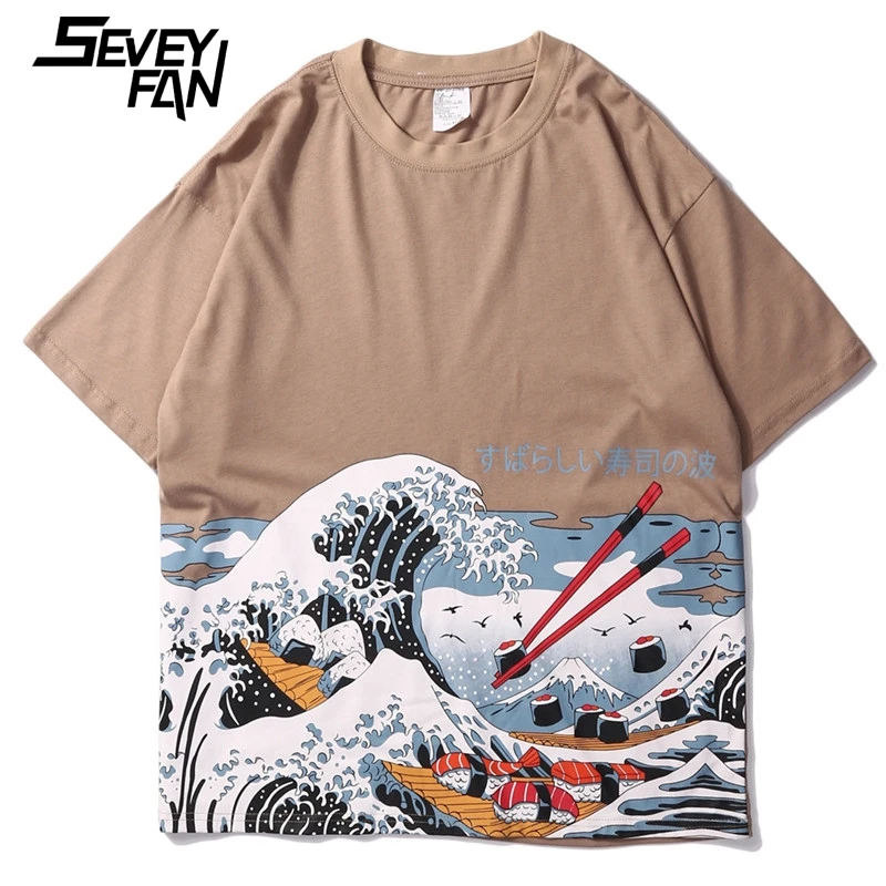 

Seveyfan Japanese Ukiyo-E Sushi Wave Printed T-Shirts 2019 Men's Harajuku Casual Short Sleeve Tops Tees T Shirts