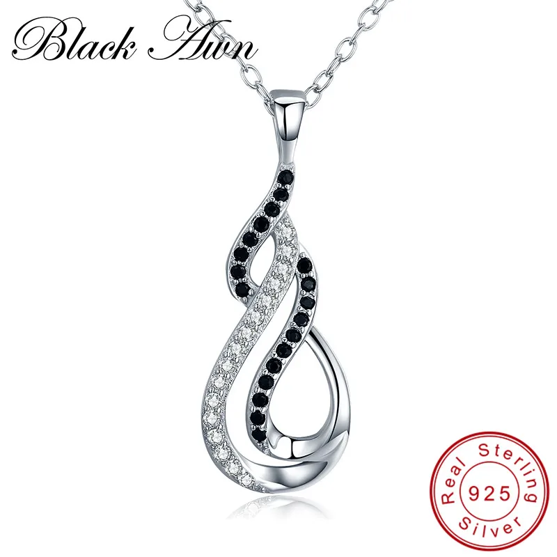 

[BLACK AWN] 925 Sterling Silver Jewelry Trendy Gourd Necklace for Women Black Spinel Pendants Spiral Bijoux P186