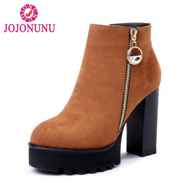 

FITWEE Women Winter Ankle Boots Thick High Heels Add Fur Boots Keep Warm Zipper Crystal Catwalk Show Shoes Women Size 34-39