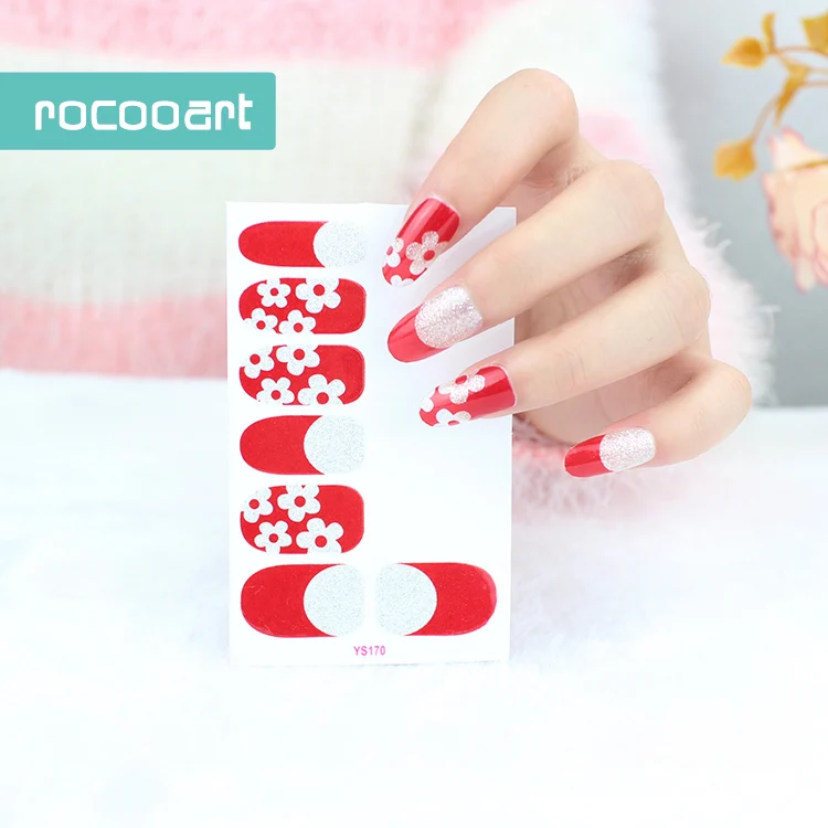 Rocooart Ys163-170 цветы с блестками клей наклейки для ногтей Красный Цветок Любовь украшения для ногтей маникюр Фольга искусство наклейки для женщин