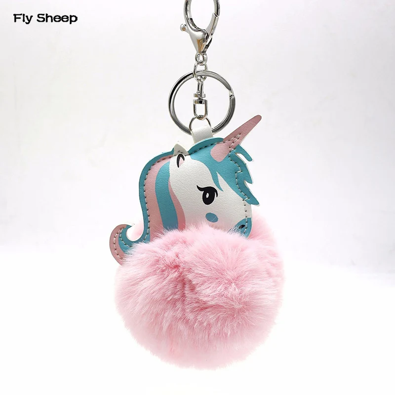 

New Cute Cartoon Unicorn Fur Ball Key Chain Fluffy Women Faux Rabbit Trinkets Car Keyring Key Chains Ring Holder Bag Pendant
