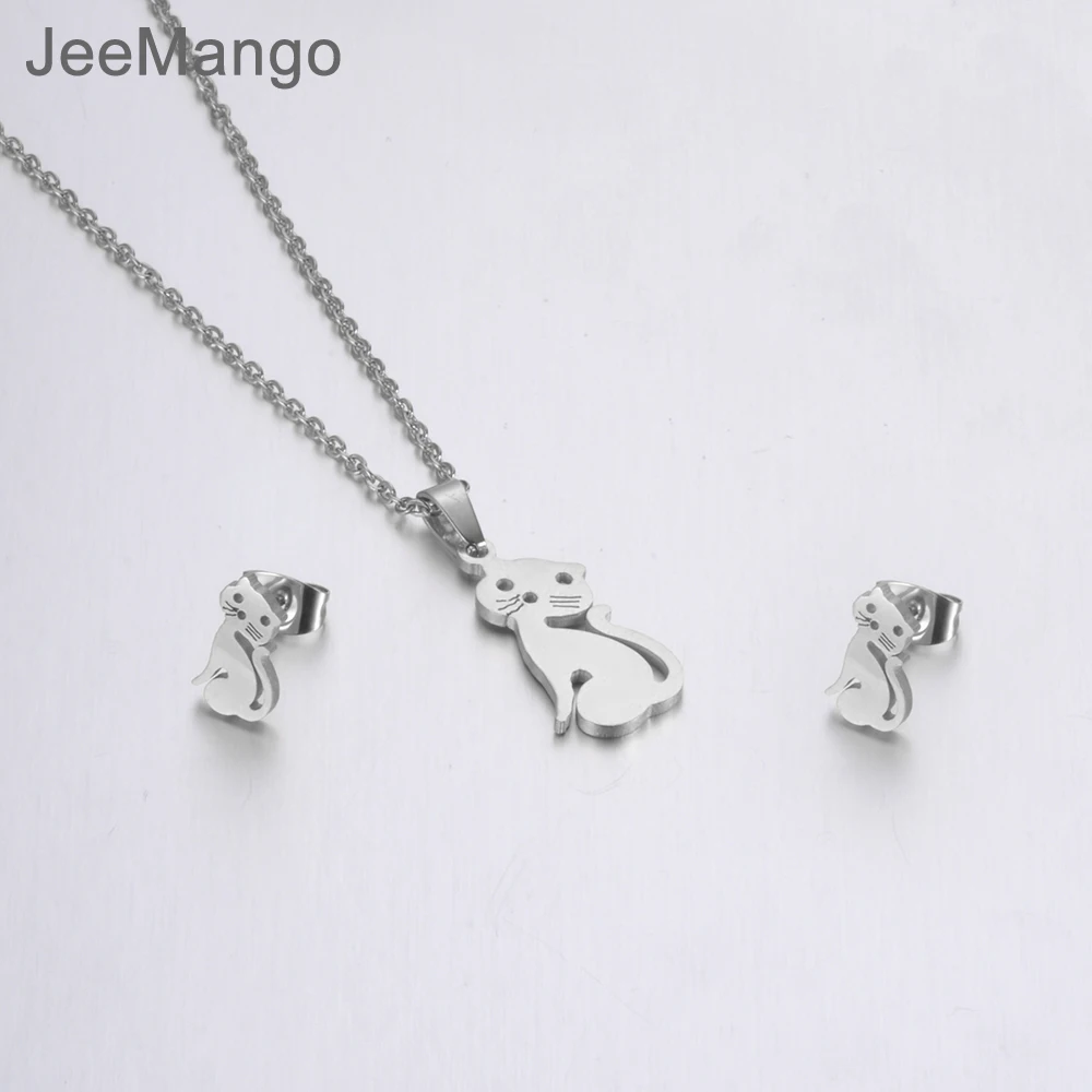 

JeeMango Anniversary Stainless Steel Sets For Women Steel Color Kitten Cat Shape Necklace Earring For Women Lover's Jewelry