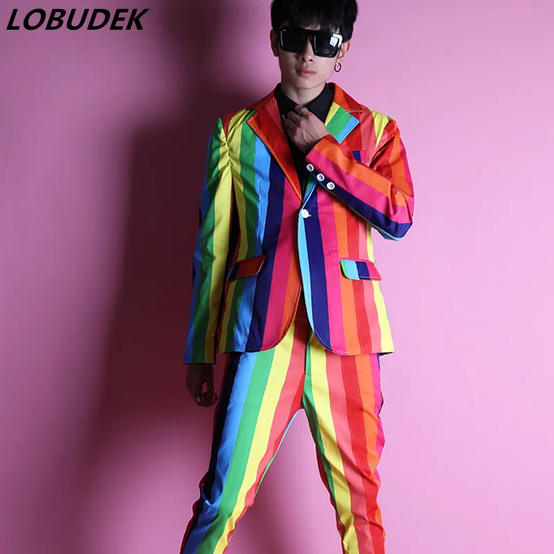 

Irregularity Colorful Stripe Men's Suit Fashion Slim Blazers Pants Set Tide Male Singer Dancer Host Nightclub Costume Stage Wear