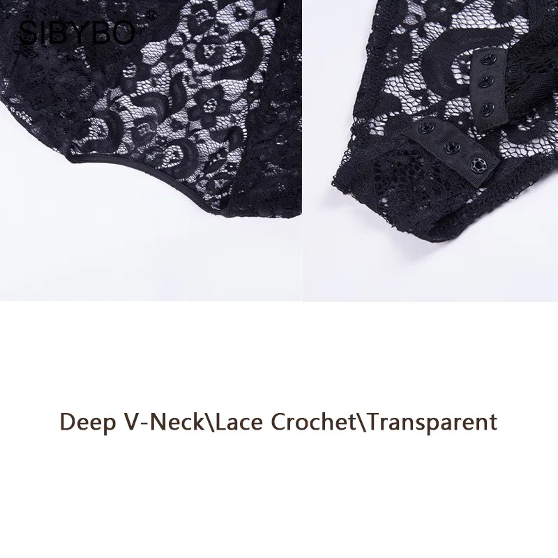Sibybo Lace Crochet Transparent Sexy Women Bodysuit Deep V-Neck Long Sleeve Skinny Romper Women Nightclub Lace Bodysuit 2018 Sibybo Lace Crochet Transparent Sexy Women Bodysuit Deep V-Neck Long Sleeve Skinny Romper Women Nightclub Lace Bodysuit 2018