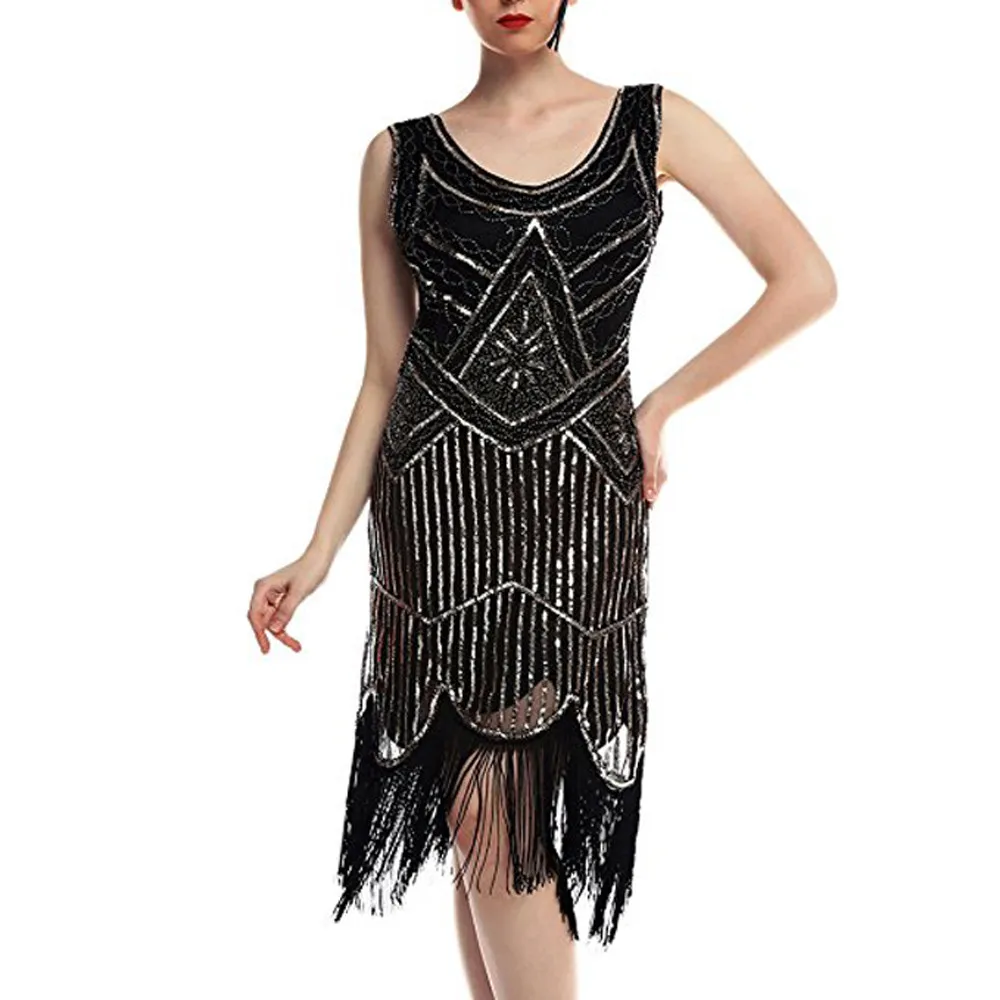 

Great Gatsby Dress Sequin Beading V Neck Tassel Flapper Dress Robe Vintage Black Party Long Summer Dress Women Vestidos