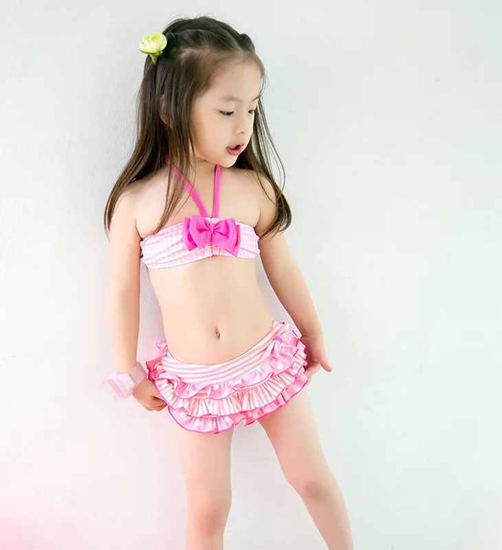

retail cute pink Stripe children's swimwear girls bikini baby girl swimsuits for children girls beach clothes