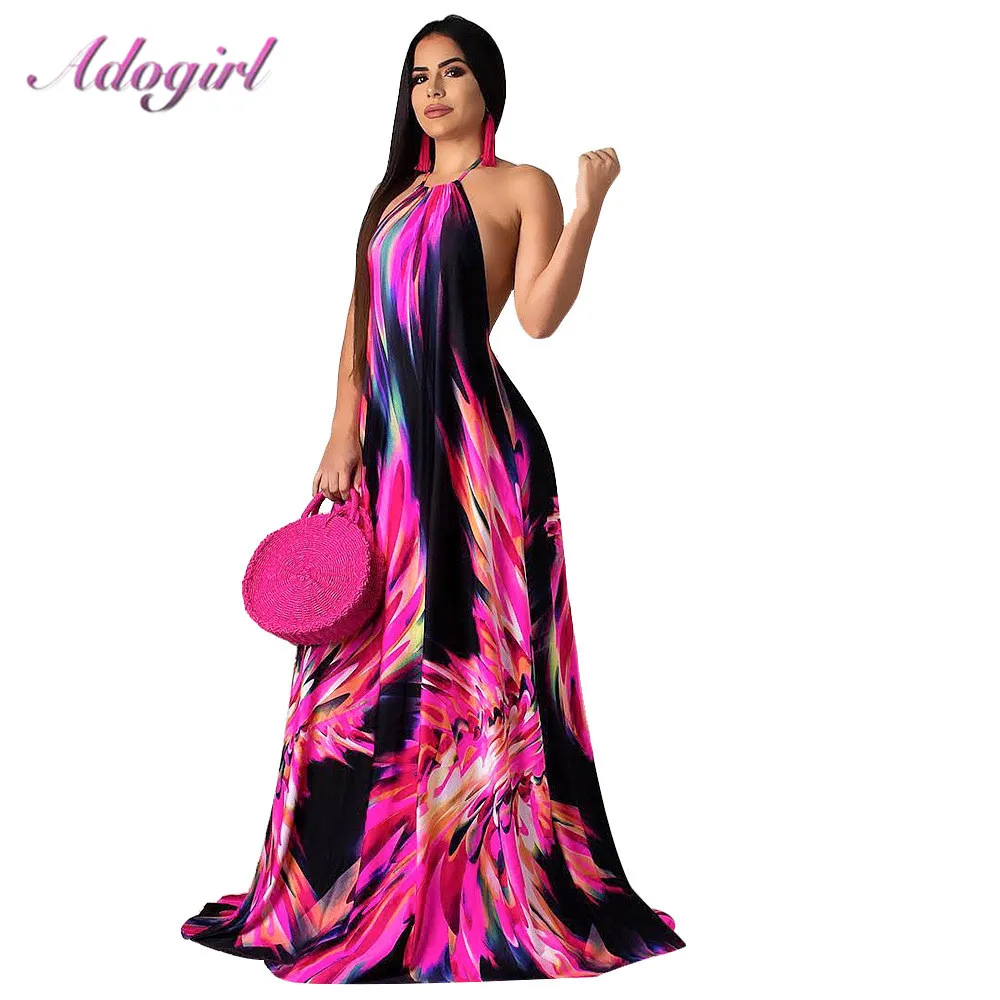 

Elegant Floral Print Halter Boho Beach Long Dress Summer Women Sexy Off Shoulder Backless Evening Party Dresses Casual Vestidos