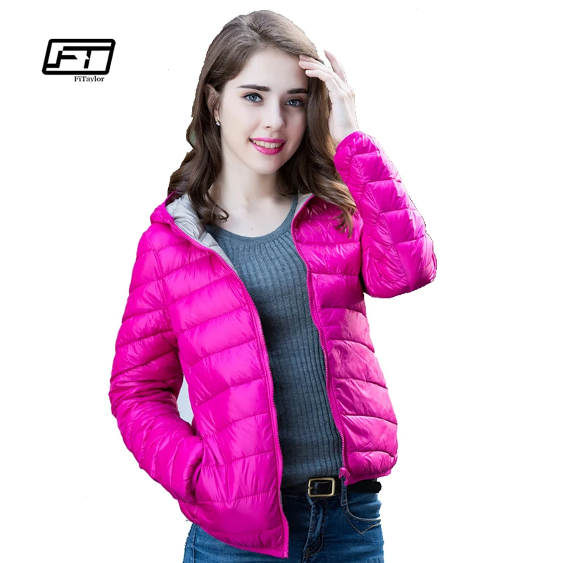 Fitaylor Novo Mulheres de Inverno Para Baixo Jaqueta Ultra Light 90% de Pato Branco Para Baixo Duplo Side Com Capuz Casacos Magros Parkas Quentes