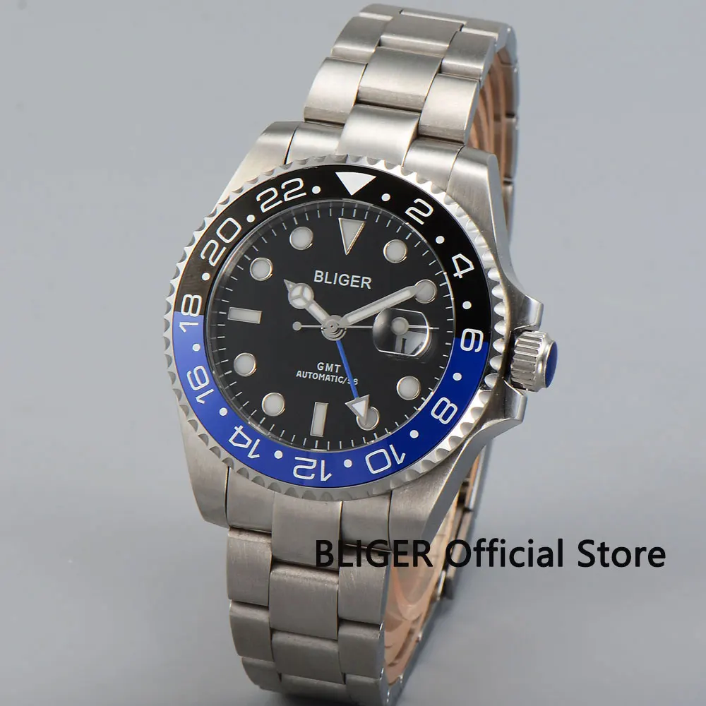 

BLIGER 43MM Black Dial Blue Black Ceramic Bezel Blue GMT Pointer Sapphire Luminous Marks Automatic Movement Men's Watch B22
