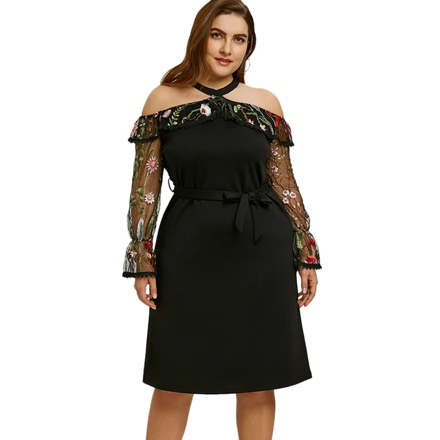 Women Mesh Panel Embroidery Bodycon Dress Sexy Club Party Lace Long Sleeves Belted Midi Dresses Vestidos