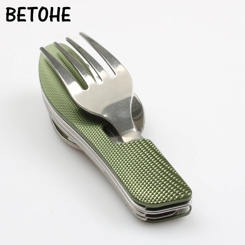 

BETOHE Green Camping tableware multi-function folding knife and fork spoon combination Disassembling tableware tool