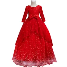 Рождественское платье для девочек с большим красным орнаментом; высококачественное детское кружевное свадебное платье принцессы с открытой спиной; Романтическое Платье со снежинками