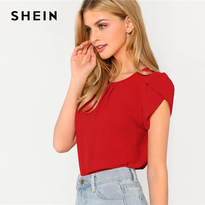 SHEIN Однотонный Топ С Оригинальным Рукавом Женская Летняя Повседневная Блузка С Круглым Вырезом И Короткими Рукавами