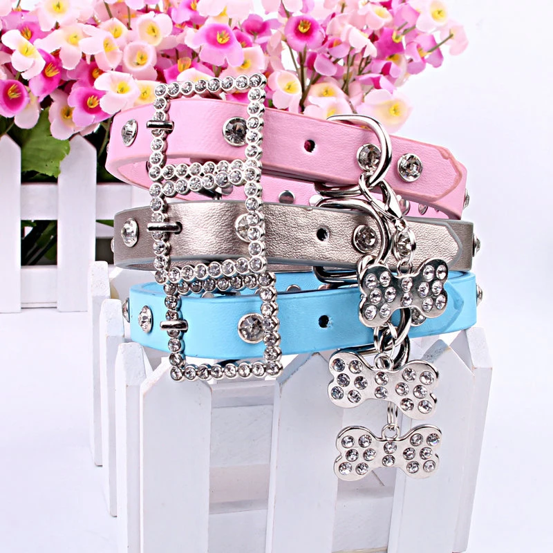 PU leather dogs collar Bling rhinestone charms cat collar for Small