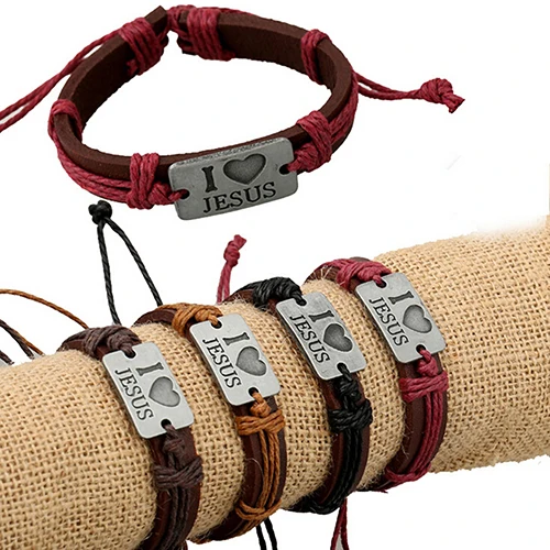 

Unisex "I LOVE JESUS" Faux Leather Bangle Hemp Rope Chain Adjustable Bracelet