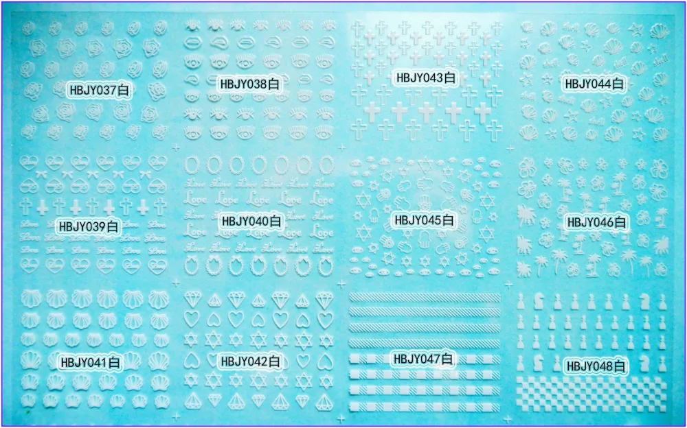 12 шт./лот, самоклеющиеся 3D наклейки для ногтей, татуировки, белый, черный, золотой, серебряный цвет, глаза, роза, крест, раковина, кольцо с бриллиантом, HBJY037-048