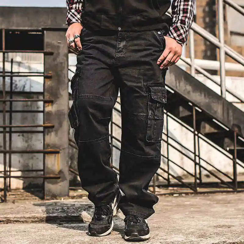 Japan Style Brands Mens Hip Hop Baggy Jeans Multi Pocket Men Casual Loose Fit Black Cargo Jeans Plus Size 34 36 38 40 42 44 46 