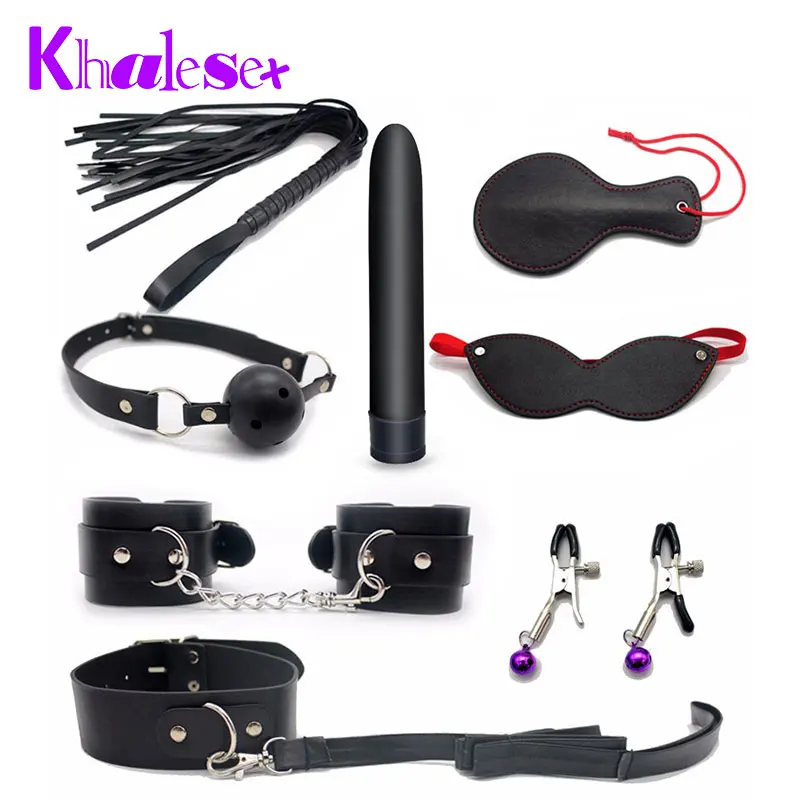 Khalesex 8 Pcs Kit Adult Sex Toys For Couple Leather Set Bondage With Vibrator Fetish Restraint