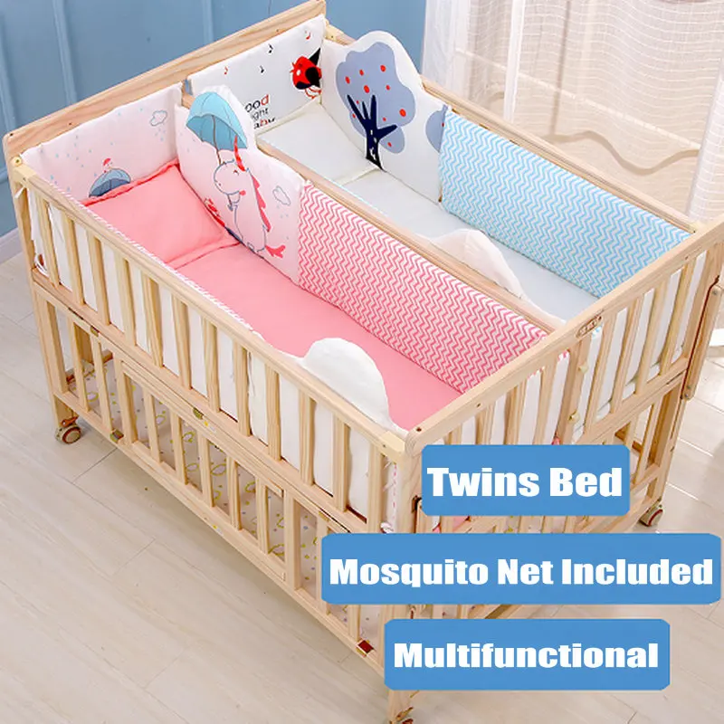 Multifunctional Twins Bed With Bedding Set and Mosquito Net, Bed can Extend and can Joint With Adult Bed, Pine Wood Baby Crib