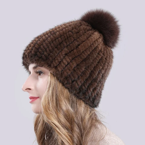 Lovely Real Mink Fur Hat Women Winter Knitted Real Mink Fur Beanies Hats With Fox Fur Pom Poms New Thick Real Mink Fur Cap - Color: dark brown