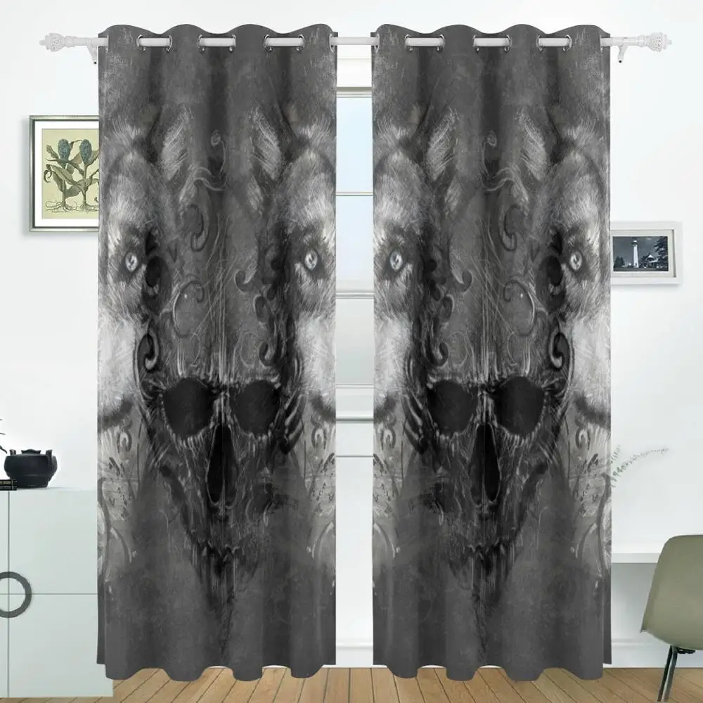 

Skull Wolf Curtains Drapes Panels Darkening Blackout Grommet Room Divider for Patio Window Sliding Glass Door 55x84 Inches