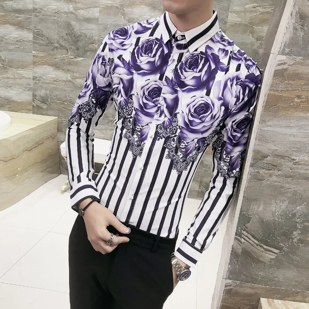 2019 Spring Floral Shirt Men Brand New Men Shirt Long Sleeve Simple Gentlemen Streetwear Mens Shirts Casual Slim Fit Prom Tuxedo