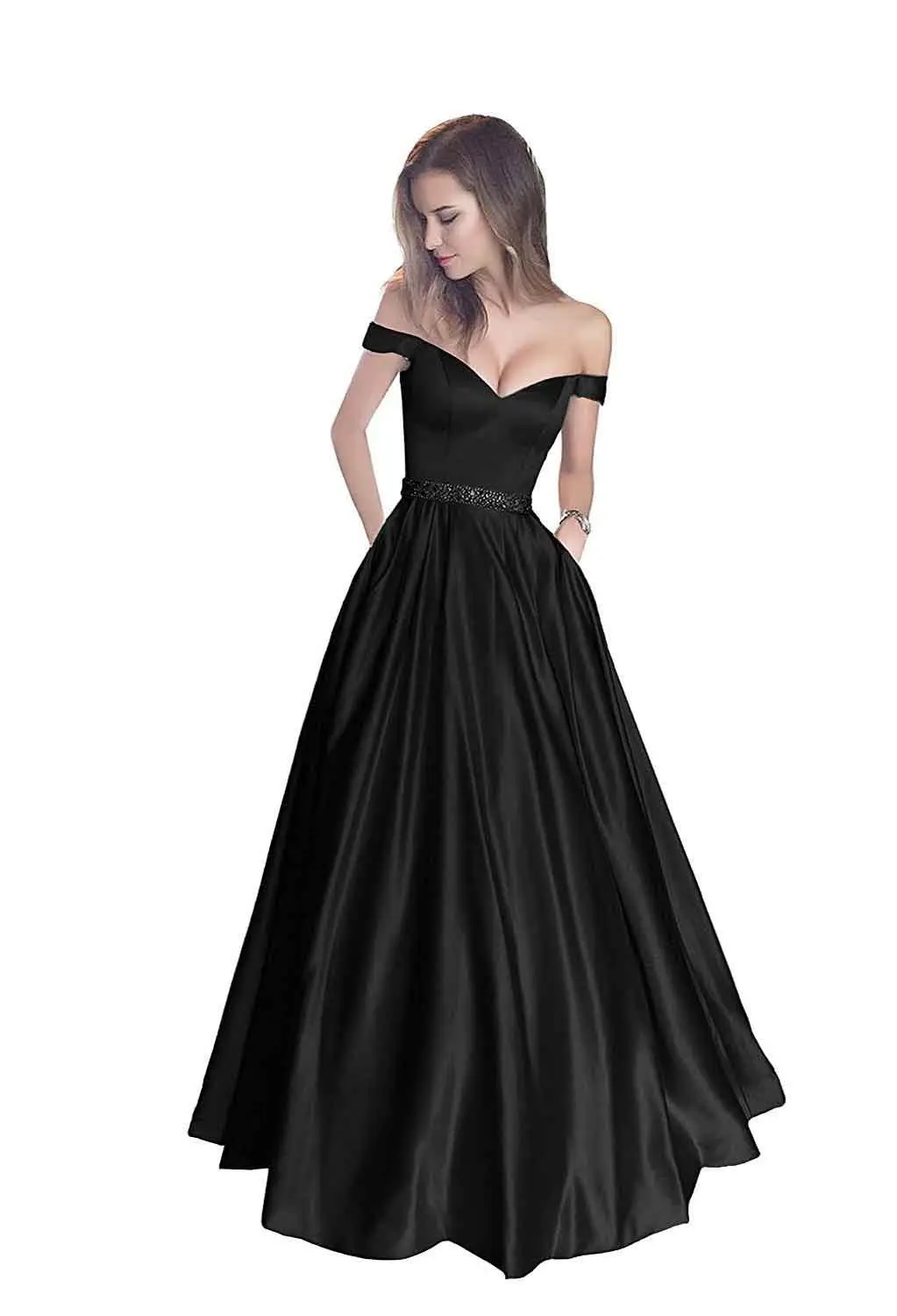 Длинное вечернее платье трапециевидной формы, винтажное платье с открытыми плечами, платье для выпускного вечера, пояс с кристаллами, платье с карманами, CG46 - Цвет: black