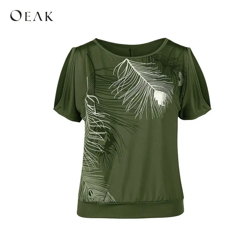

OEAK Women Casual Summer T-Shirt 2018 Short Sleeve Loose Tops Cold Shoulder Feather Print Tee Shirt Female T-Shirt Plus Size 5XL