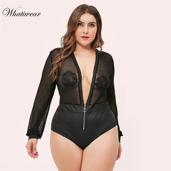 

Whatiwear Plus Size long sleeve lace bodysuit transparent female body sexy teddies 2019 jumpsuits women deep V sheer bodysuits