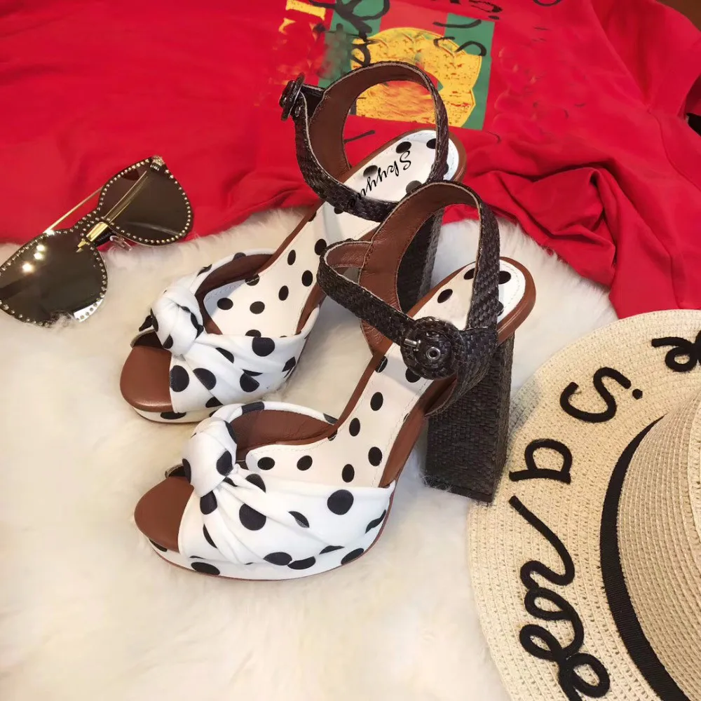 

JUNBIE New Design Woman Chunky High Heels Printing Summer Platform Sandals Wedding Shoes Buckle Strap Woman Stiletto Shoes