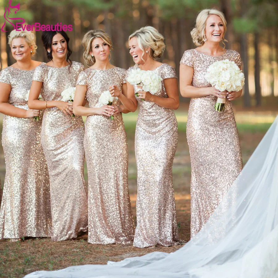 

Champagne Long vestido longo Sequined Short Sleeve Floor Length Bridesmaid Dress 2019 Prom Dress Wedding Party Dress