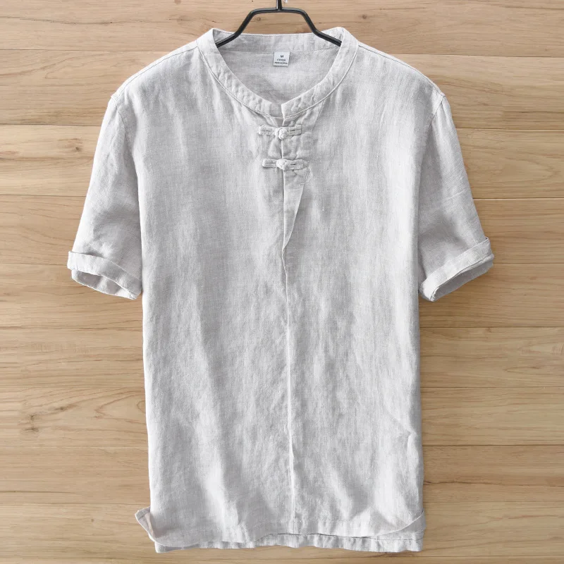 

New Linen Shirt Men Short Sleeve Flax Men Shirts Collarless Retro Tang-buckle Casual Shirt Mens Brand Clothing M-3xl #3326