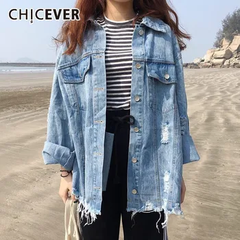 

CHICEVER Denim Coats Women Hole Hem Tassel Lapel Collar Batwing Sleeve Big Size Coat Clothing Female Fashion New 2020 Autumn